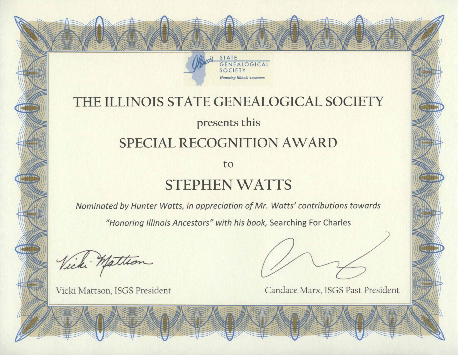 Illinois State Genealogical Society Special Recognition Award